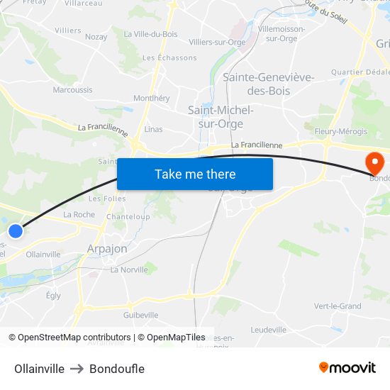 Ollainville to Bondoufle map