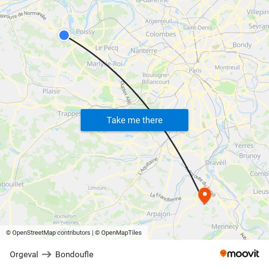 Orgeval to Bondoufle map