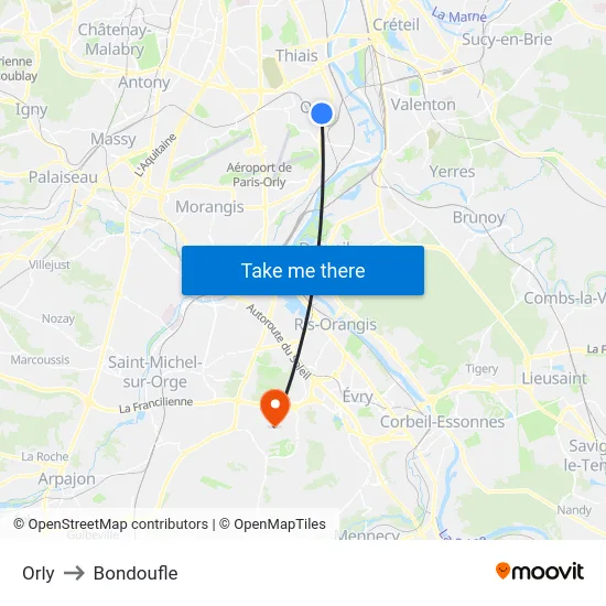 Orly to Bondoufle map