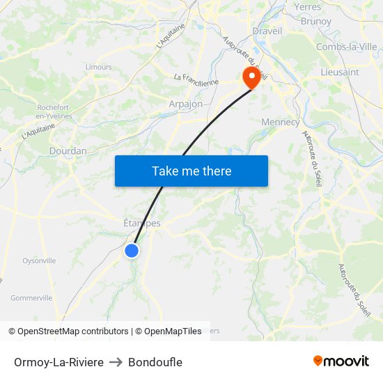 Ormoy-La-Riviere to Bondoufle map