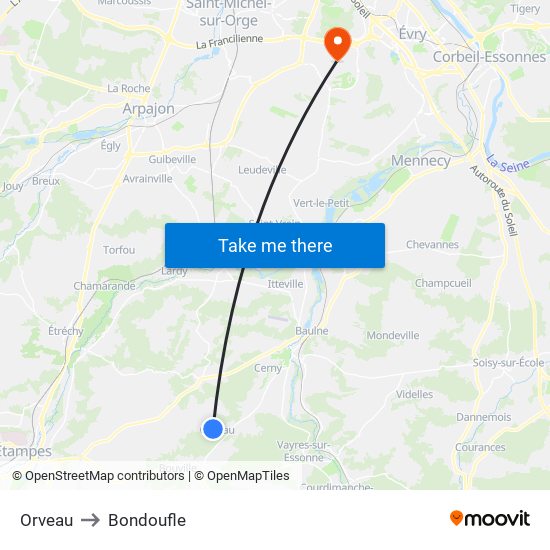 Orveau to Bondoufle map