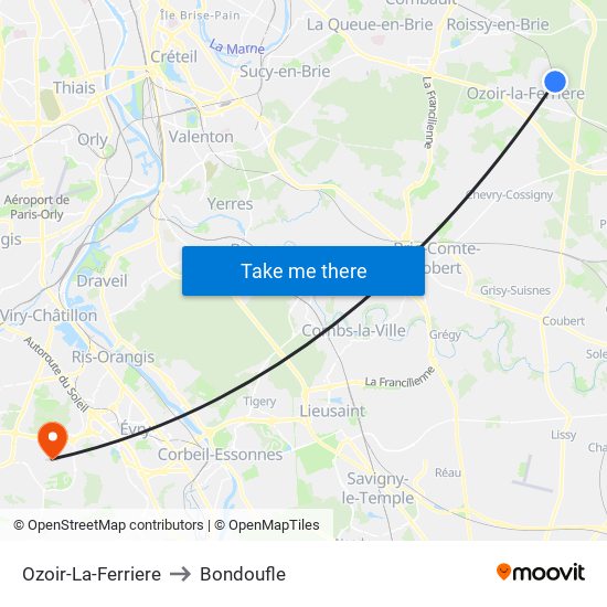Ozoir-La-Ferriere to Bondoufle map