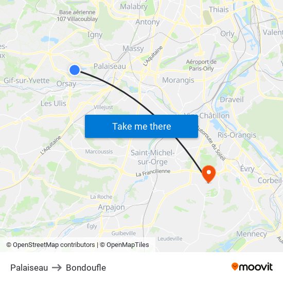 Palaiseau to Bondoufle map
