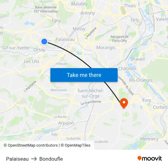 Palaiseau to Bondoufle map