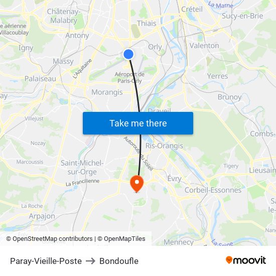 Paray-Vieille-Poste to Bondoufle map