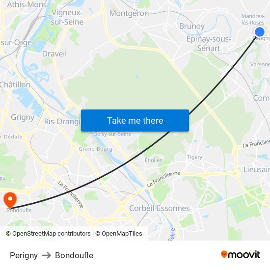 Perigny to Bondoufle map
