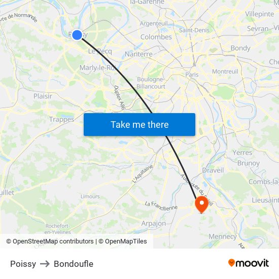 Poissy to Bondoufle map