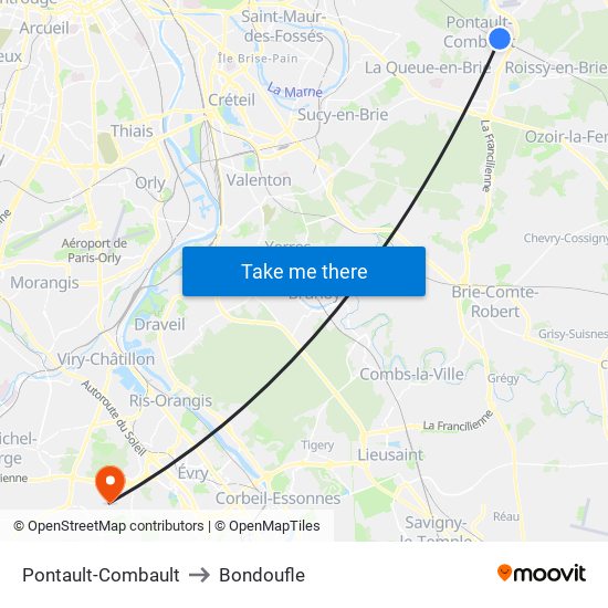 Pontault-Combault to Bondoufle map