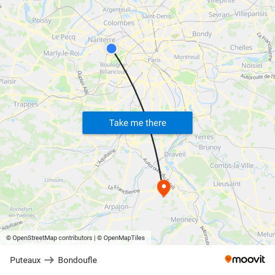 Puteaux to Bondoufle map