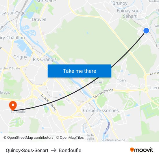 Quincy-Sous-Senart to Bondoufle map