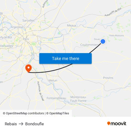 Rebais to Bondoufle map