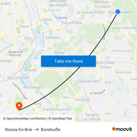 Roissy-En-Brie to Bondoufle map