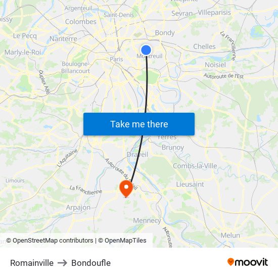 Romainville to Bondoufle map