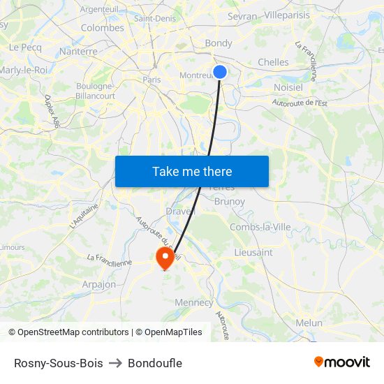 Rosny-Sous-Bois to Bondoufle map