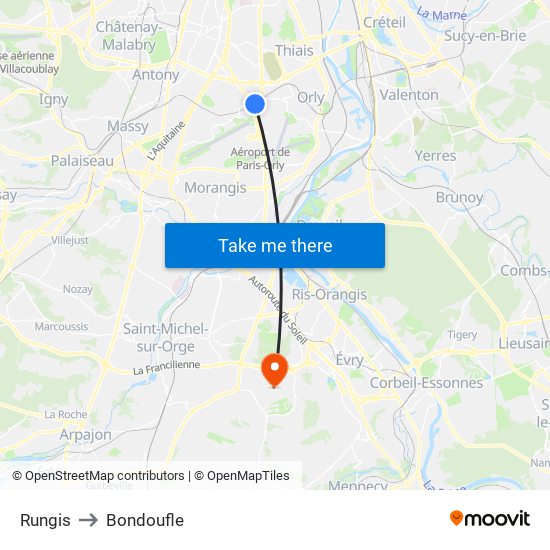 Rungis to Bondoufle map