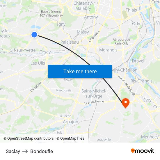 Saclay to Bondoufle map