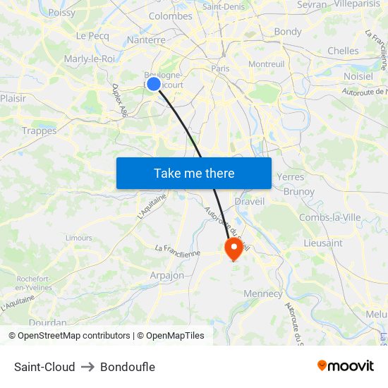 Saint-Cloud to Bondoufle map