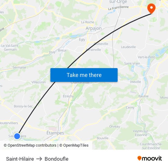Saint-Hilaire to Bondoufle map