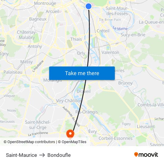 Saint-Maurice to Bondoufle map