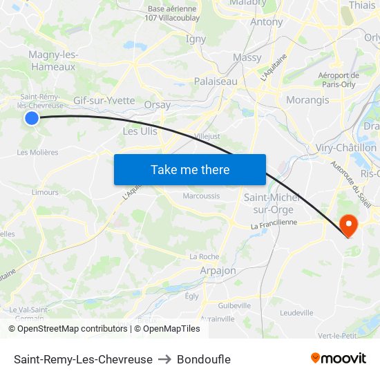 Saint-Remy-Les-Chevreuse to Bondoufle map