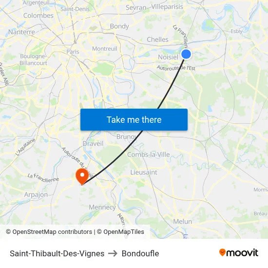 Saint-Thibault-Des-Vignes to Bondoufle map