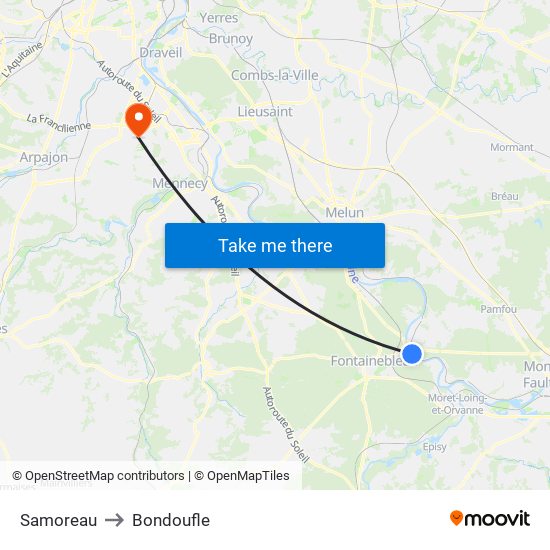 Samoreau to Bondoufle map