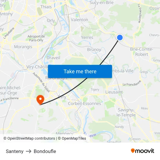 Santeny to Bondoufle map