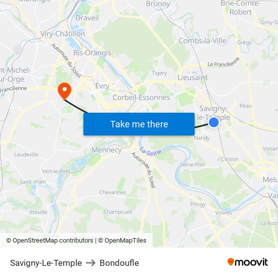 Savigny-Le-Temple to Bondoufle map