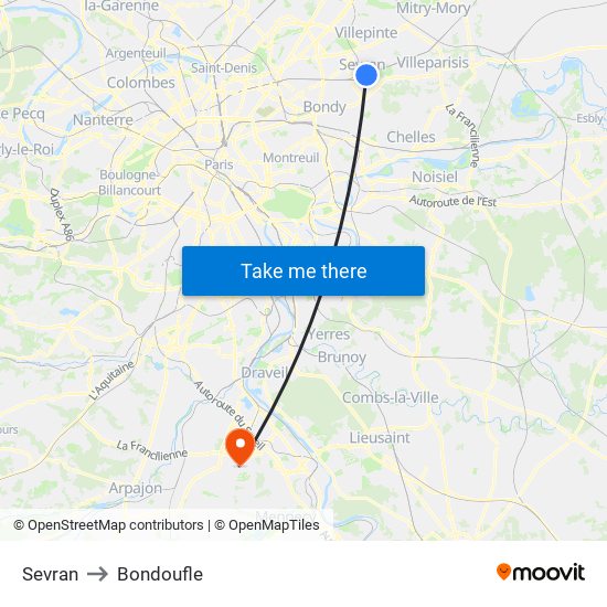 Sevran to Bondoufle map