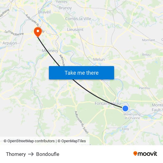 Thomery to Bondoufle map
