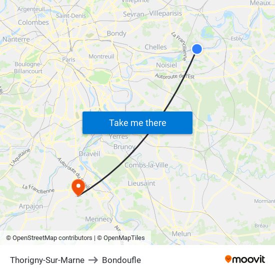 Thorigny-Sur-Marne to Bondoufle map