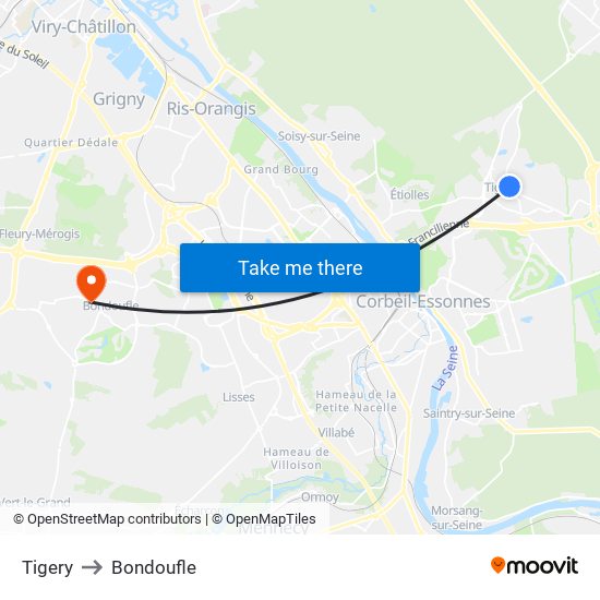 Tigery to Bondoufle map