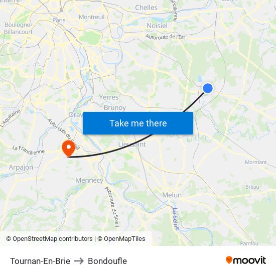 Tournan-En-Brie to Bondoufle map