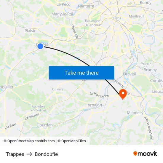 Trappes to Bondoufle map