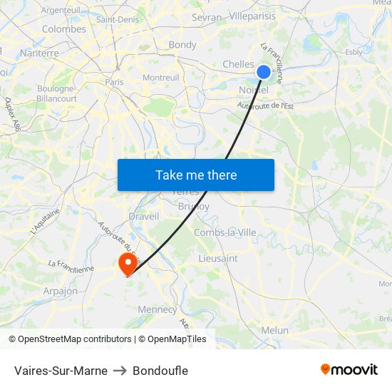 Vaires-Sur-Marne to Bondoufle map