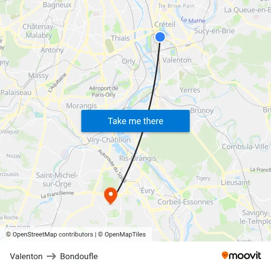 Valenton to Bondoufle map