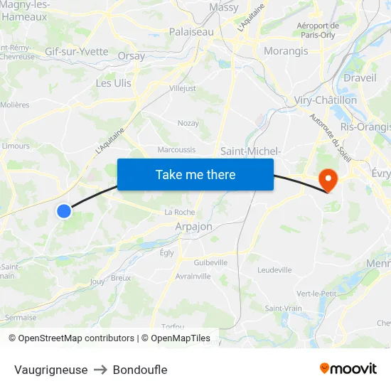 Vaugrigneuse to Bondoufle map