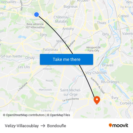 Velizy-Villacoublay to Bondoufle map