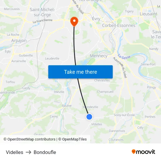 Videlles to Bondoufle map