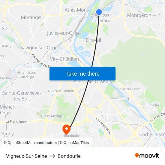 Vigneux-Sur-Seine to Bondoufle map