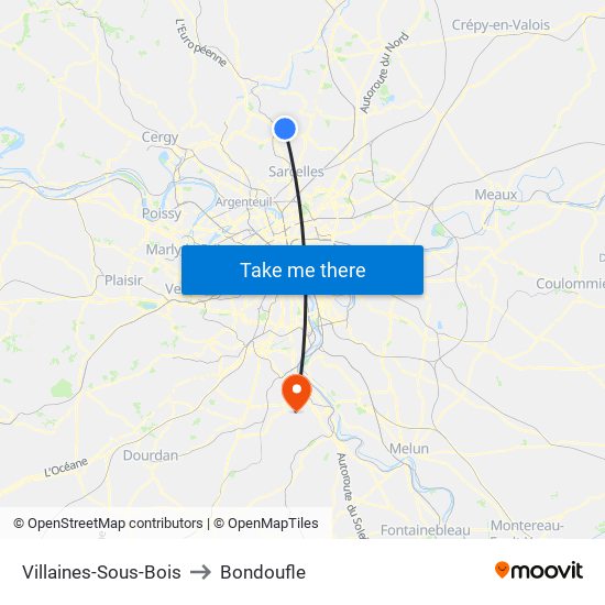 Villaines-Sous-Bois to Bondoufle map