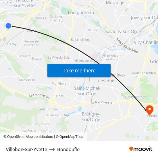 Villebon-Sur-Yvette to Bondoufle map