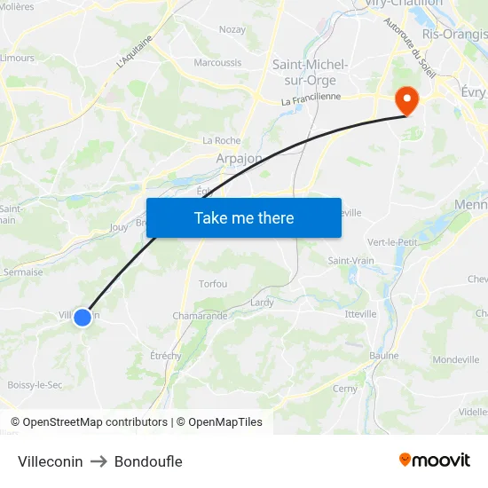 Villeconin to Bondoufle map