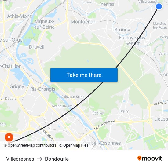 Villecresnes to Bondoufle map