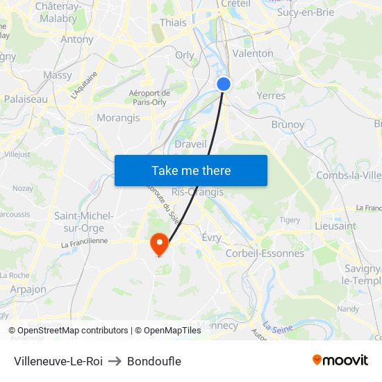 Villeneuve-Le-Roi to Bondoufle map