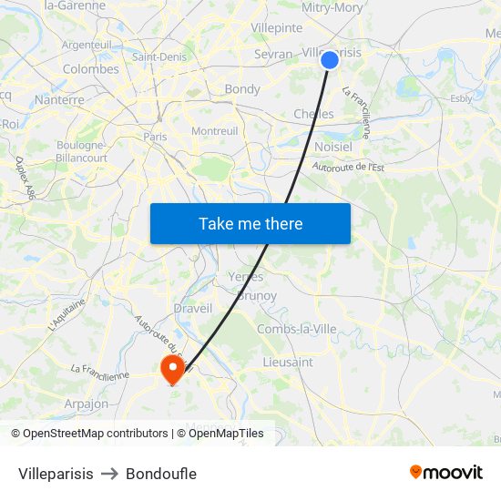 Villeparisis to Bondoufle map