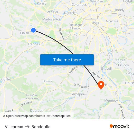 Villepreux to Bondoufle map