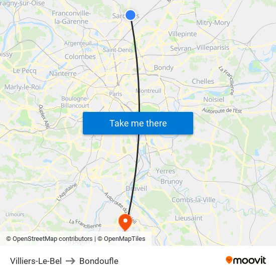 Villiers-Le-Bel to Bondoufle map