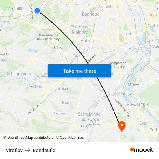 Viroflay to Bondoufle map