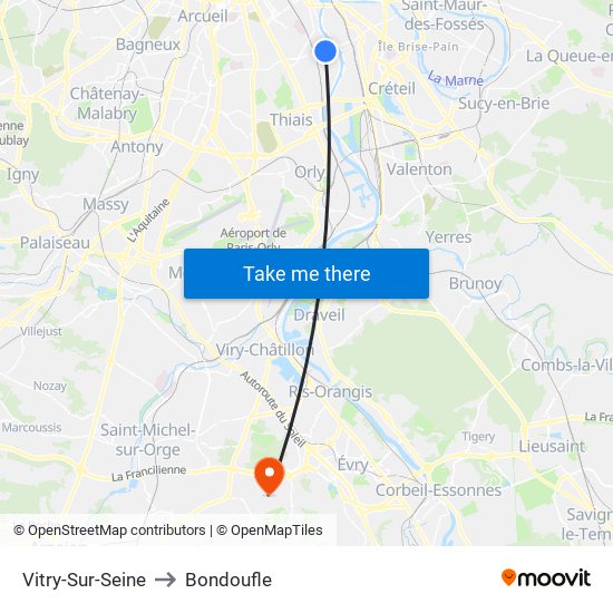 Vitry-Sur-Seine to Bondoufle map